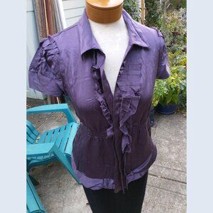 Blouse: Silk, dark purple, ruffled, elastic waist. Size medium - BCBG Max Azria